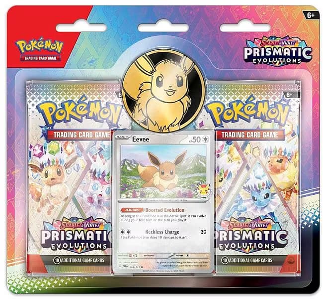 ​[BESTILLINGSVARE] – Pokémon S&V: Prismatic Evolutions – Pokémon Day 2025 Blister (2 Booster Pakker + Eevee Promo & Mønt)