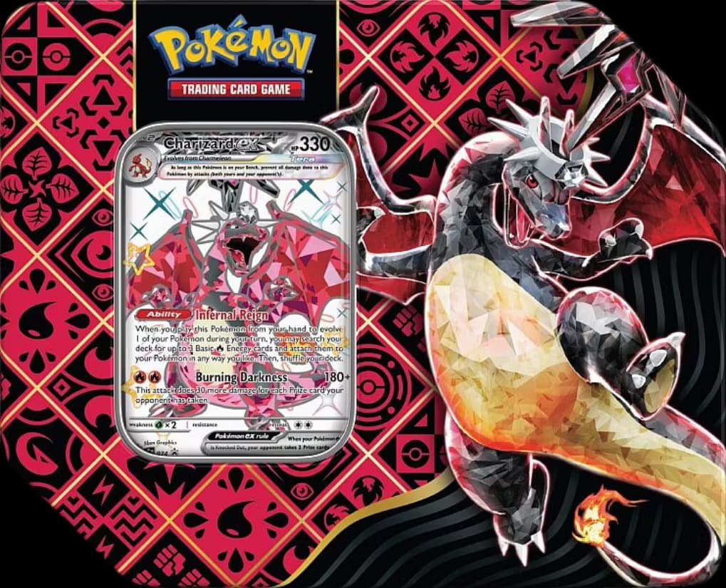 Pokemon Paldean Fates Collector's Tin Charizard ex USA version, inneholder 5 Packs
