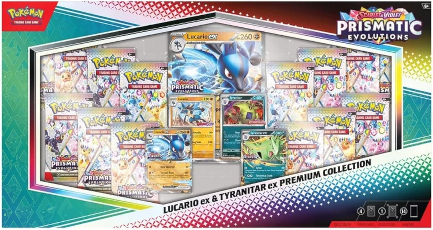 (BULKETE PAPP) Pokemon TCG - Prismatic Evolutions - Lucario ex & Tyranitar ex Premium Collection - Spillmonster